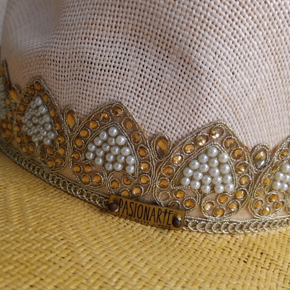 Pasionarte Hand Made One Of A Kind Straw Cowboy Hat With Tassles And Pearls